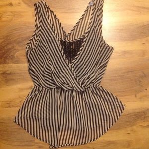 Beige & Black Sleeveless Blouse with Lace Detail